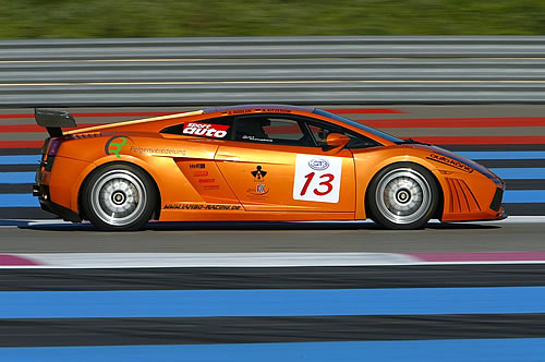De Lamborghini Gallardo van Reiter Engineering, in actie op de eerste testdag te Paul Ricard