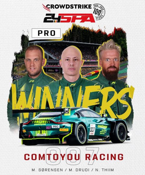 Centenary 24H of Spa 2024 Aston Martin winnaar Foto 15 winnaars Mattia Drudi (ITA), Marco Sørensen (DEN) en Nicki Thiim (DEN)