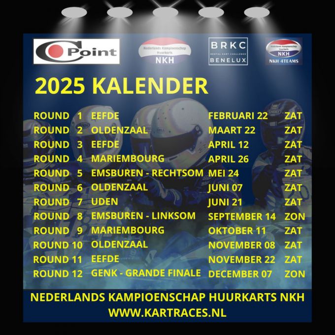 kalender van het officieel Nederlands Kampioenschap Huurkarts NKH / Benelux Rental Kart Challenge BRKC 2025
